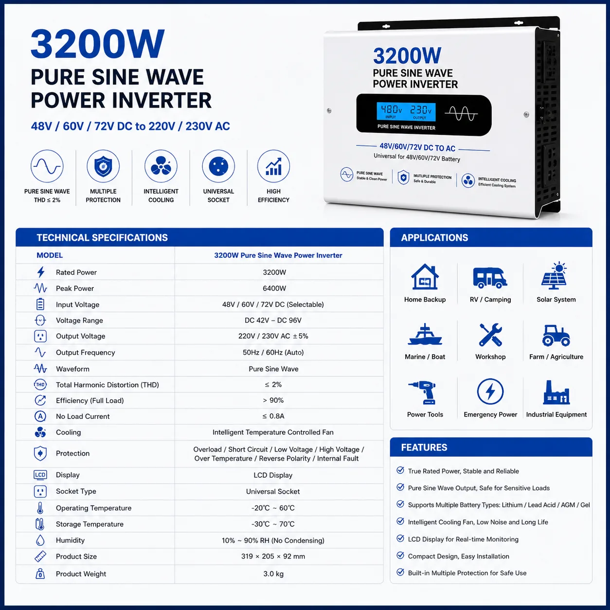 12V–72V Pure Sine Wave Inverter True Rated 1500W–6200W High Power Output