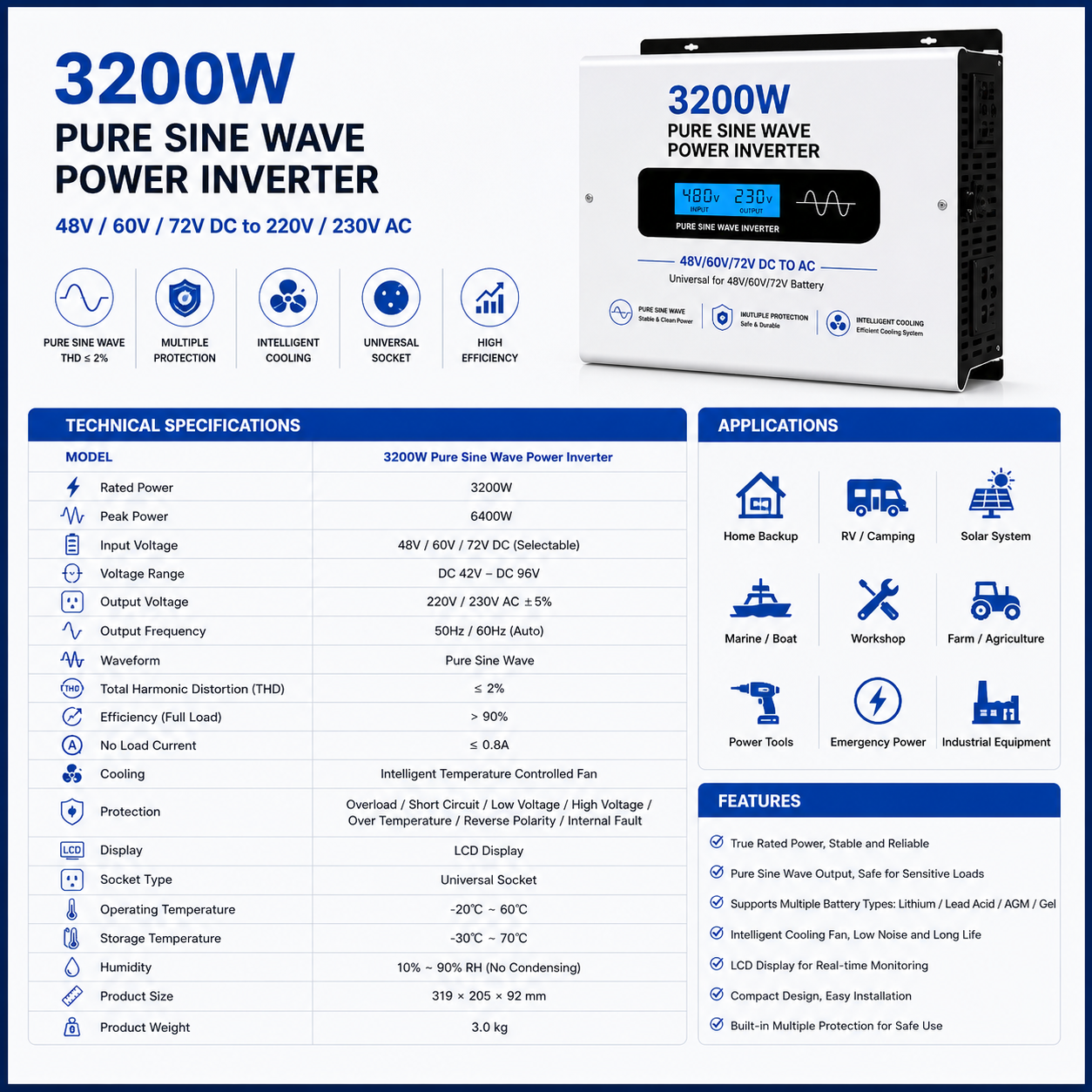 12V–72V Pure Sine Wave Inverter True Rated 1500W–6200W High Power Output