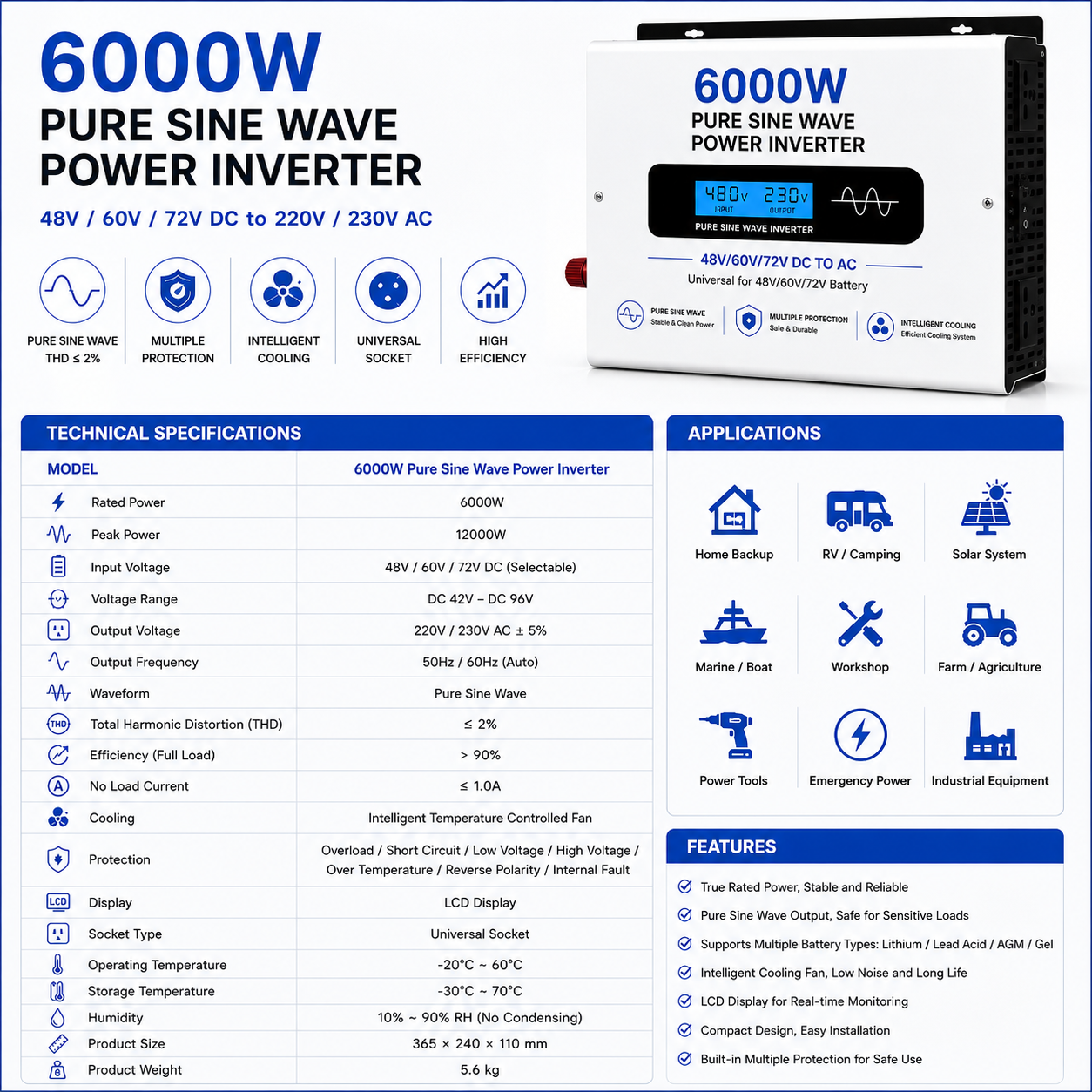 6000W True Rated Pure Sine Wave Inverter for Professional, Industrial, and Off-Grid Applications.