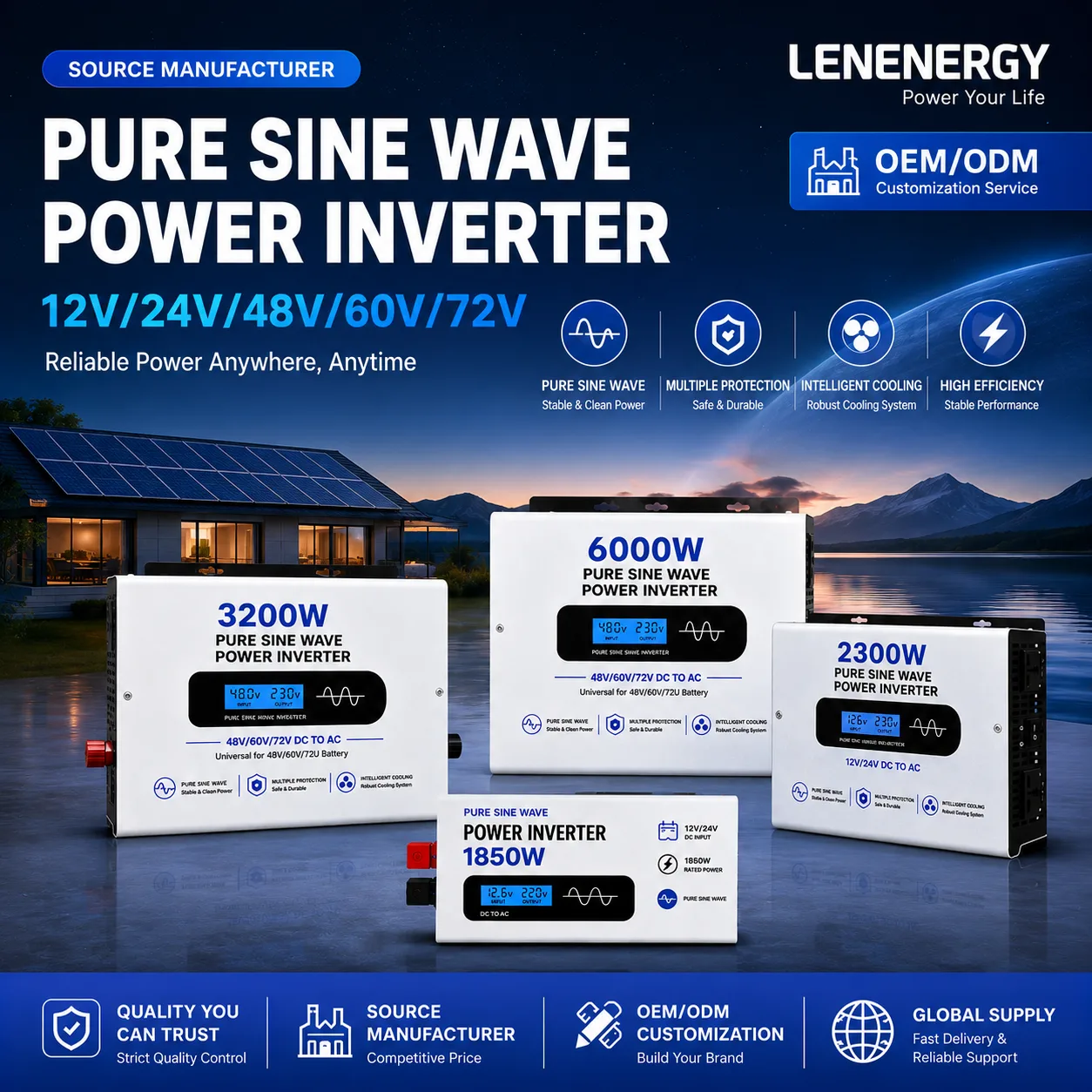 LENENERGY Pure Sine Wave Inverter | 12V/24V DC to AC Inverter | True Continuous Power