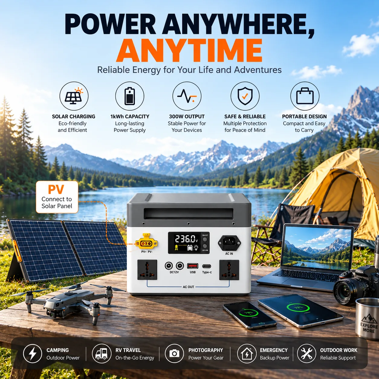 LENERGY LP2000 1000W Portable Power Station – 2kWh Capacity, 2000W Peak Output, Pure Sine Wave & <20ms UPS, Solar Ready for Camping, RV, Home Backup & Emergency Power