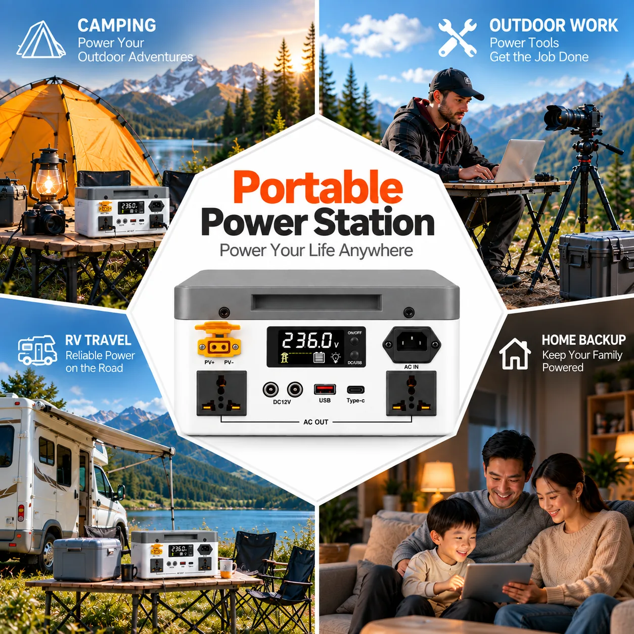 LENERGY LP2000 1000W Portable Power Station – 2kWh Capacity, 2000W Peak Output, Pure Sine Wave & <20ms UPS, Solar Ready for Camping, RV, Home Backup & Emergency Power